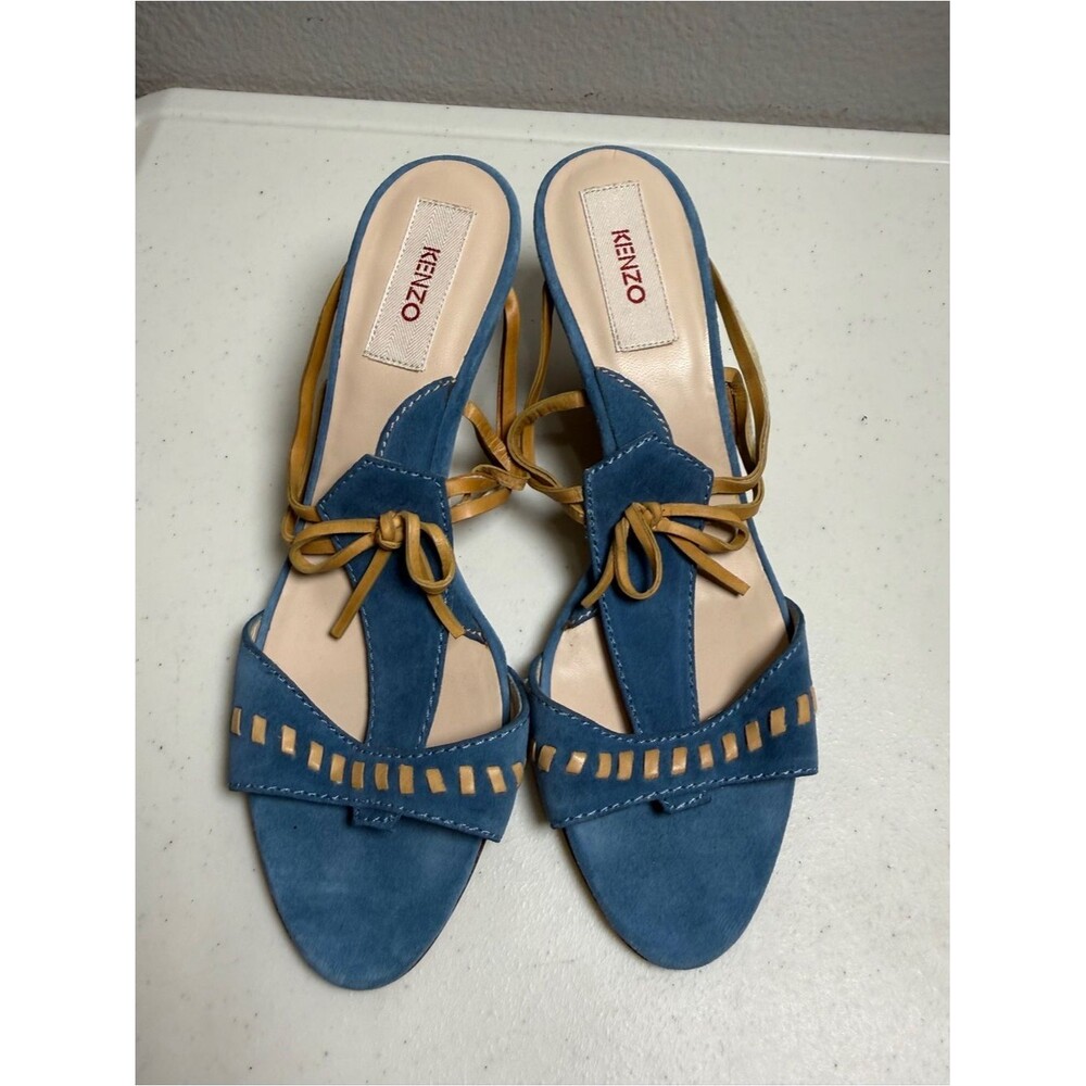 KENZO Blue Suede Heeled Sandals Size 9 Tan Leather Bow Whipstitch Trim Vintage